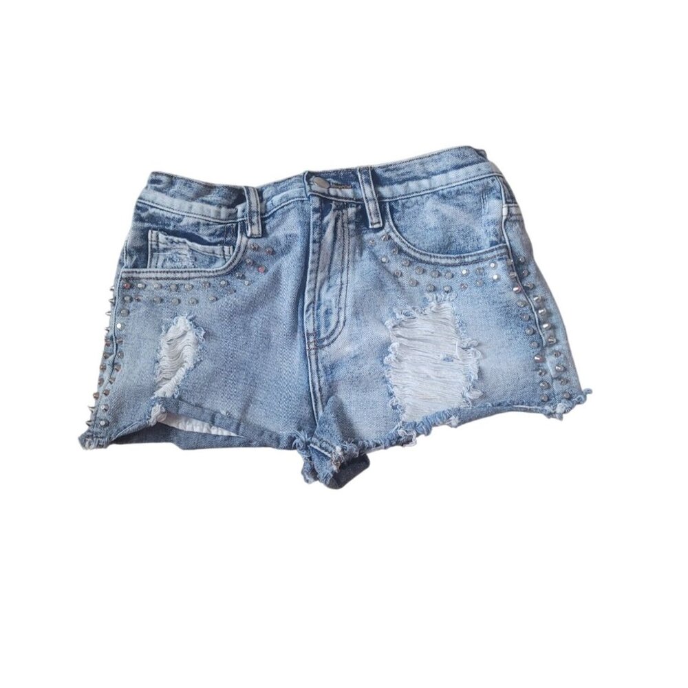 Forever 21 Women's Studded Blue Denim Cheeky Shorts Size 27 Grunge Punk Rock Y2K